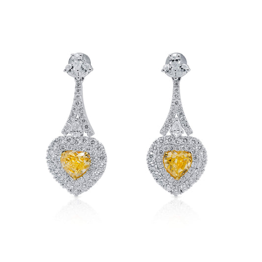 Fancy Yellow Diamond Drop Earrings, 3.27 Ct. TW, Heart shape