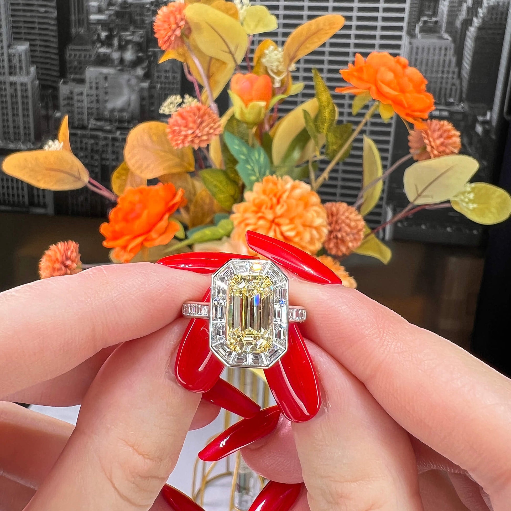 Natural Light Yellow (U-V) Diamond Halo Ring, 18K White & Yellow Gold, Radiant Shape, 4.62 Ct. TW