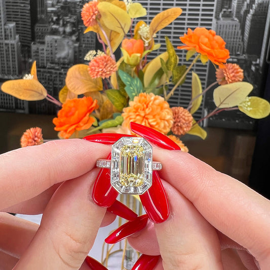 Natural Light Yellow (U-V) Diamond Halo Ring, 18K White & Yellow Gold, Radiant Shape, 4.62 Ct. TW