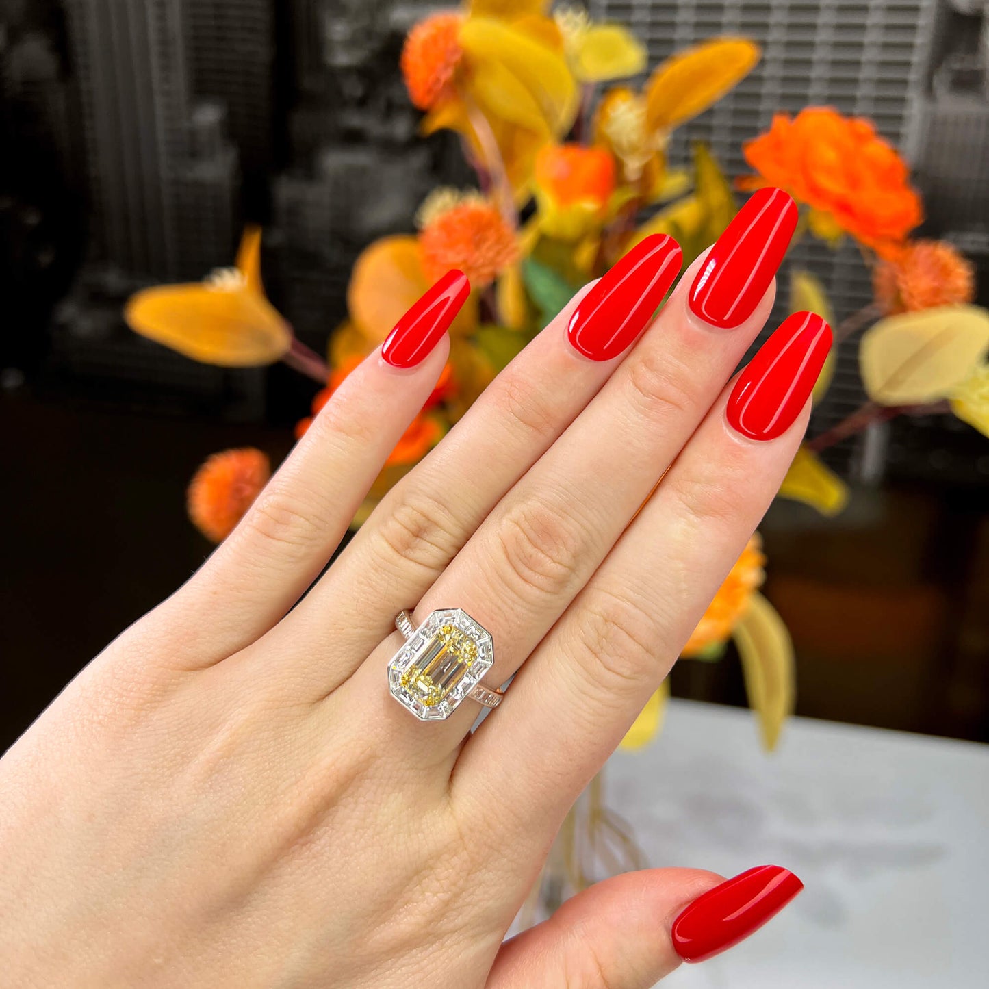 Natural Light Yellow (U-V) Diamond Halo Ring, 18K White & Yellow Gold, Radiant Shape, 4.62 Ct. TW