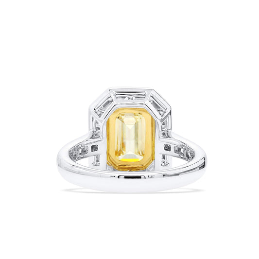Natural Light Yellow (U-V) Diamond Halo Ring, 18K White & Yellow Gold, Radiant Shape, 4.62 Ct. TW