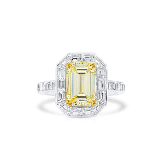 Natural Light Yellow (U-V) Diamond Halo Ring, 18K White & Yellow Gold, Radiant Shape, 4.62 Ct. TW
