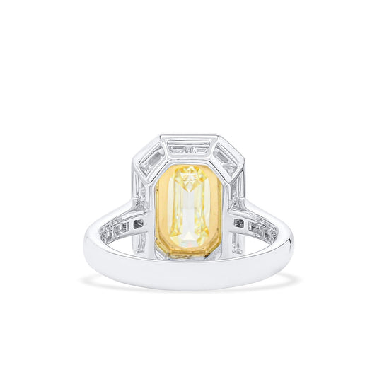 Natural Light Yellow Diamond Halo Ring, 18K White & Yellow Gold, Emerald Shape, 4.62 Ct. TW