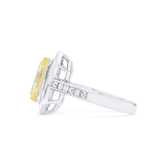 Natural Light Yellow Diamond Halo Ring, 18K White & Yellow Gold, Emerald Shape, 4.62 Ct. TW