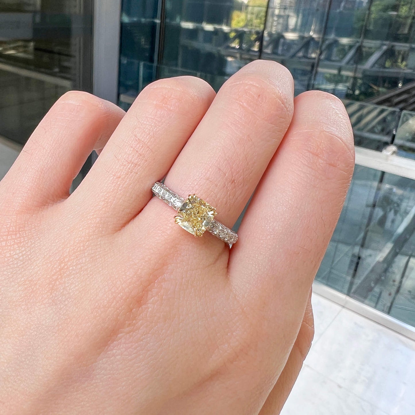 Light Yellow (U-V) Diamond Ring, 2.29 Ct. TW, Cushion shape, GIA Certified