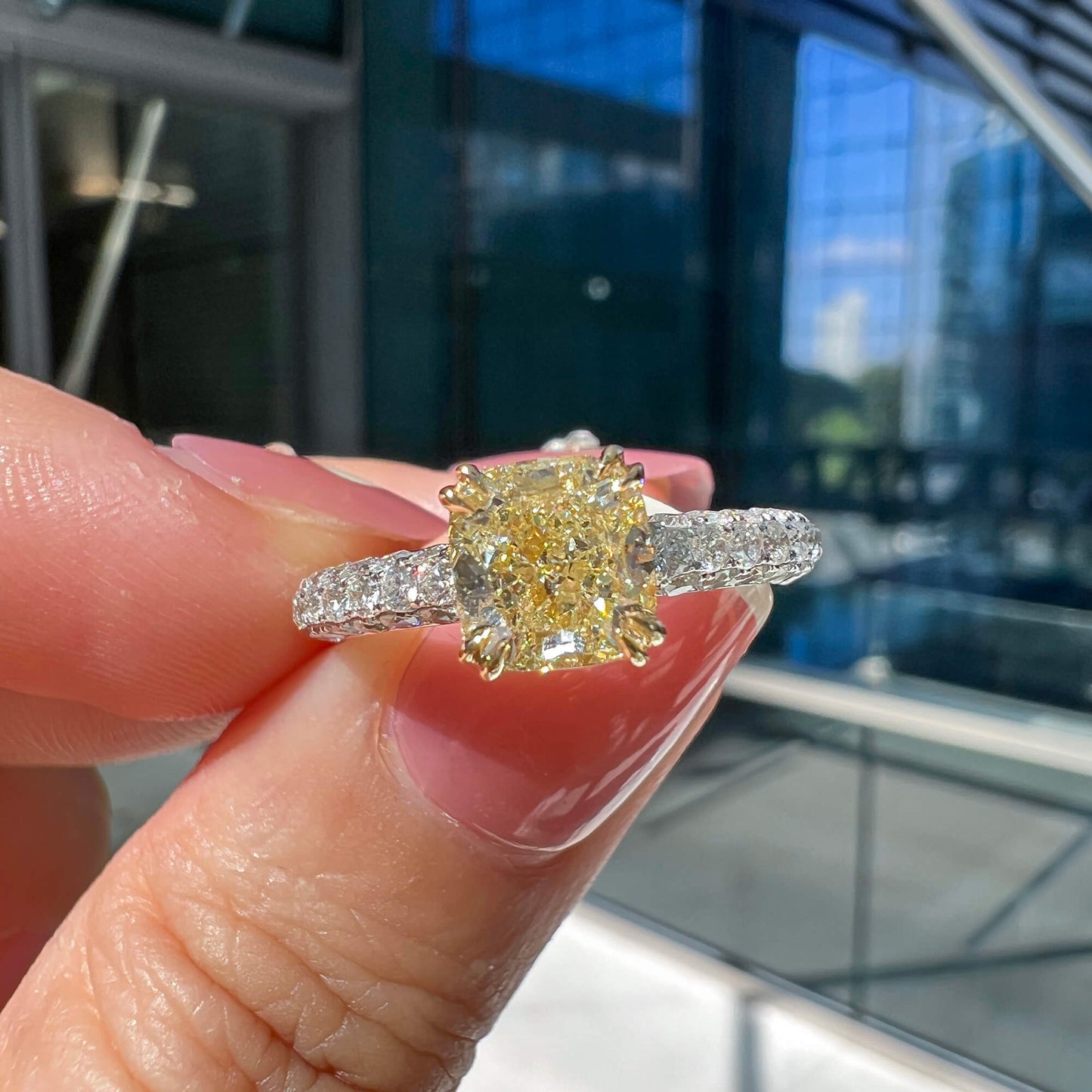 Light Yellow (U-V) Diamond Ring, 2.29 Ct. TW, Cushion shape, GIA Certified