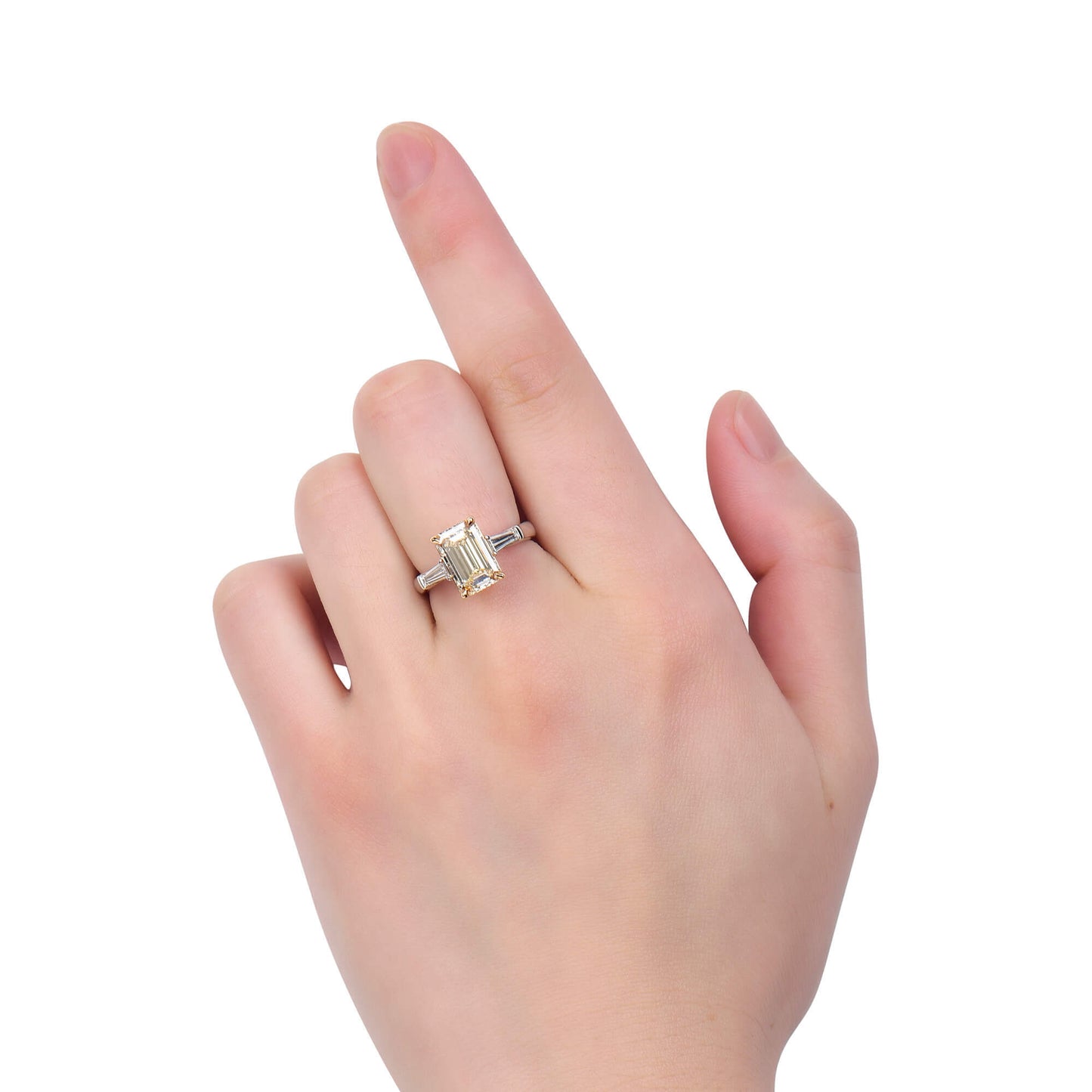 Natural Light Yellow (U-V) Diamond Three Stone Ring, 18K White & Yellow Gold, Emerald Shape, 3.33 Ct. TW