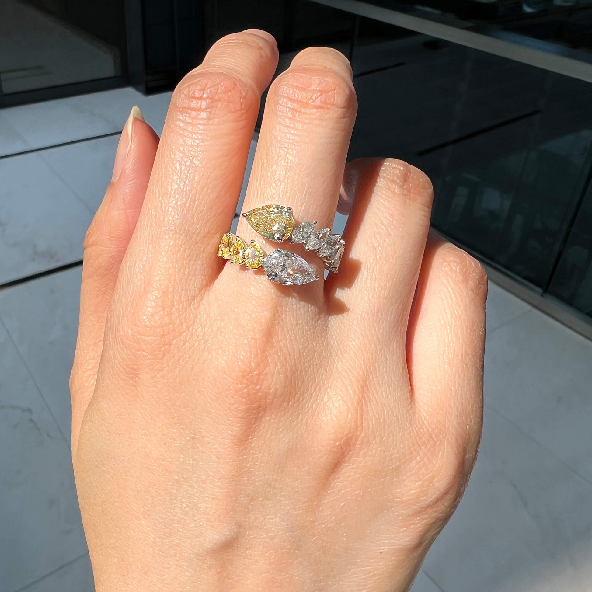 Natural Yellow and White Diamond Ring, 18K White Gold, 4.59 Ct. TW