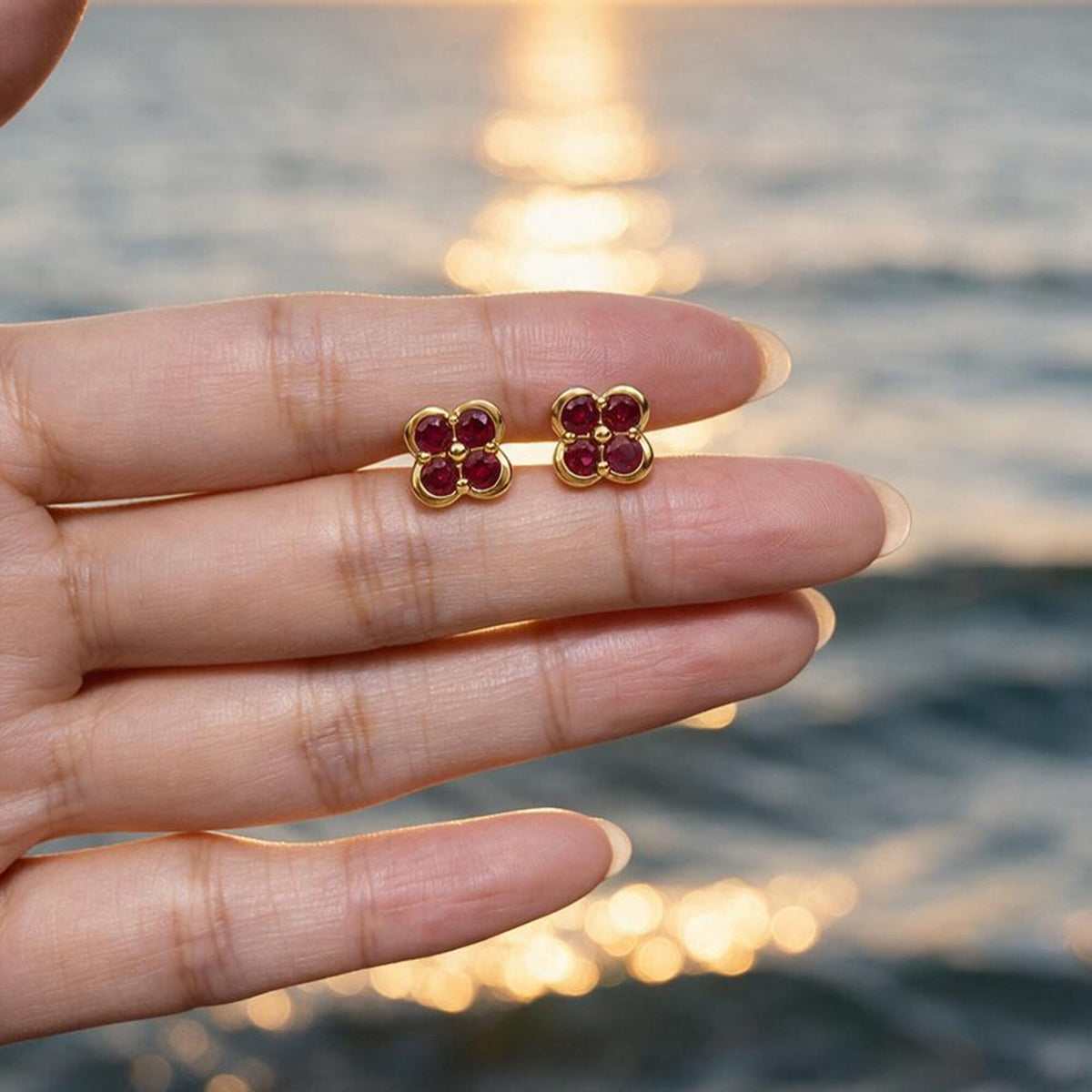 Natural 0.83 Ct. TW Ruby Clover Stud Earrings in Yellow Gold, 14K Yellow Gold, 18K Yellow Gold
