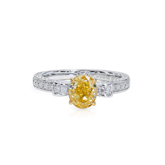 Natural 1.07 Ct. Fancy Intense Yellow Oval-Cut Diamond Solitaire Ring, 18K White Gold