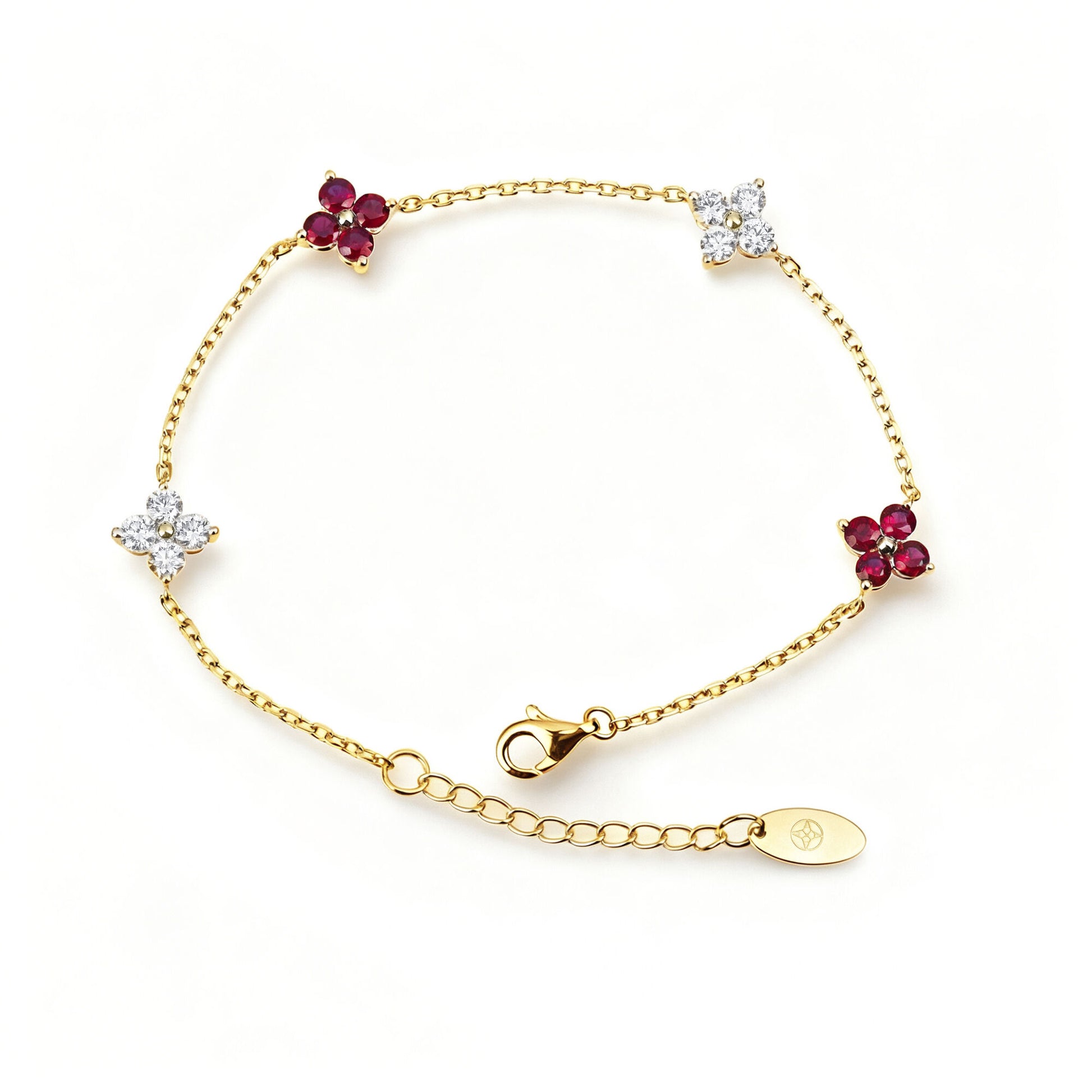Natural 1.49 Ct. TW Ruby & Diamond Clover Station Bracelet in Yellow Gold , 14K Yellow Gold, 18K Yellow Gold