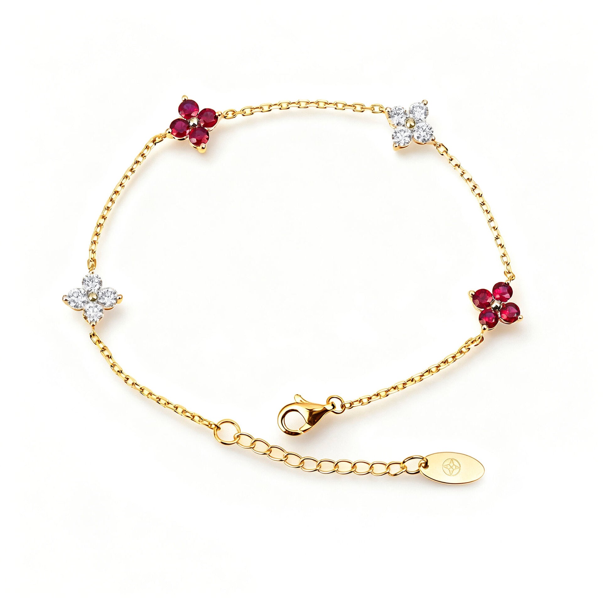 Natural 1.49 Ct. TW Ruby & Diamond Clover Station Bracelet in Yellow Gold , 14K Yellow Gold, 18K Yellow Gold