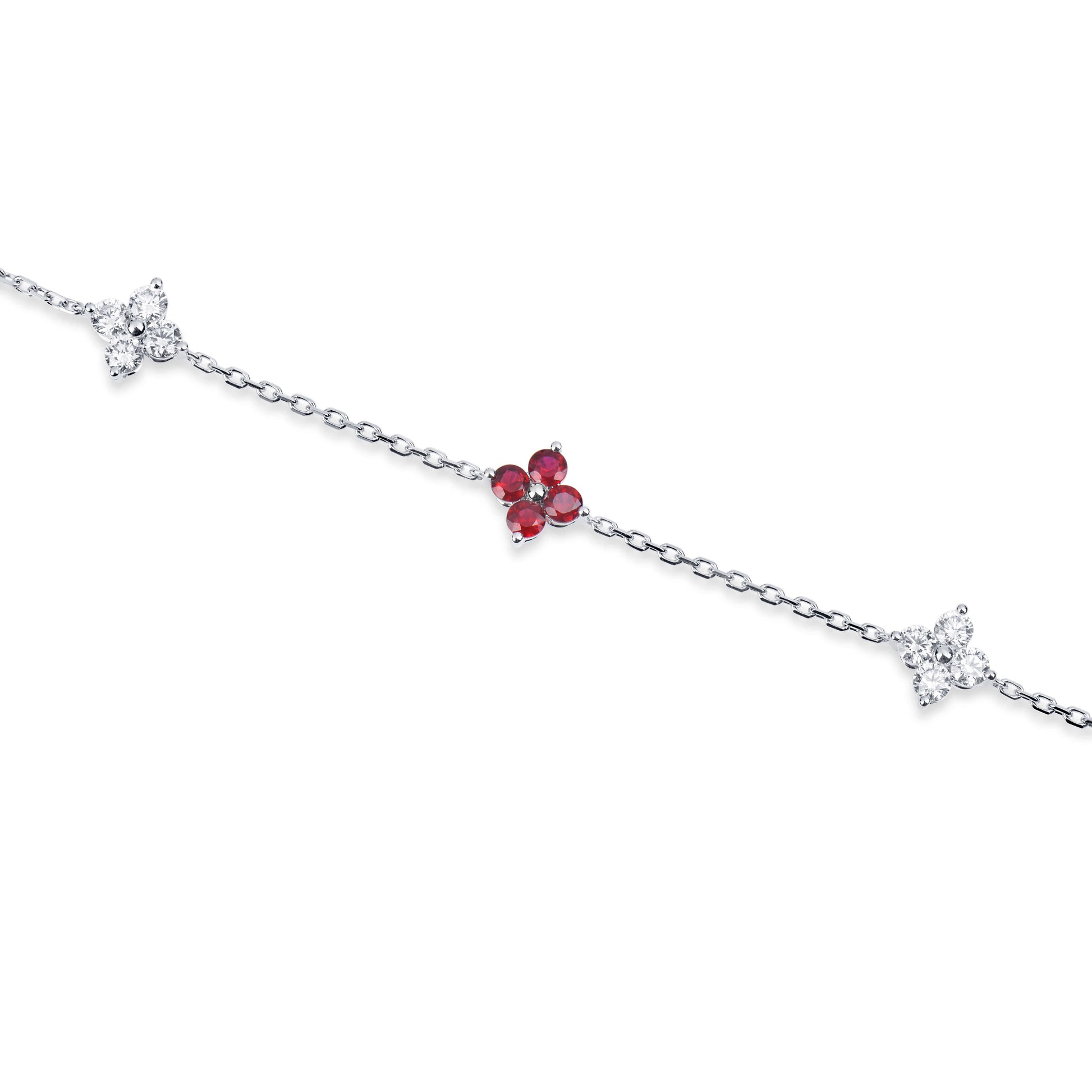 Natural 1.49 Ct. TW Ruby & Diamond Clover Station Bracelet, 14K White Gold