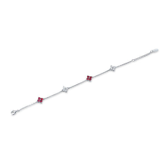 Natural 1.49 Ct. TW Ruby & Diamond Clover Station Bracelet, 14K White Gold