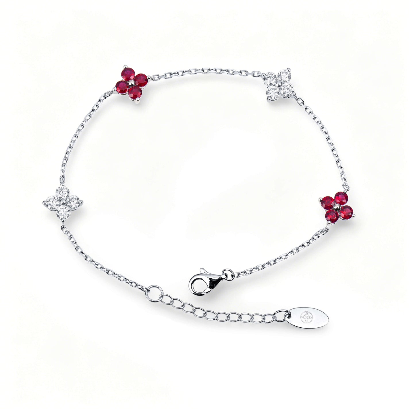 Natural 1.49 Ct. TW Ruby & Diamond Clover Station Bracelet, 14K White Gold