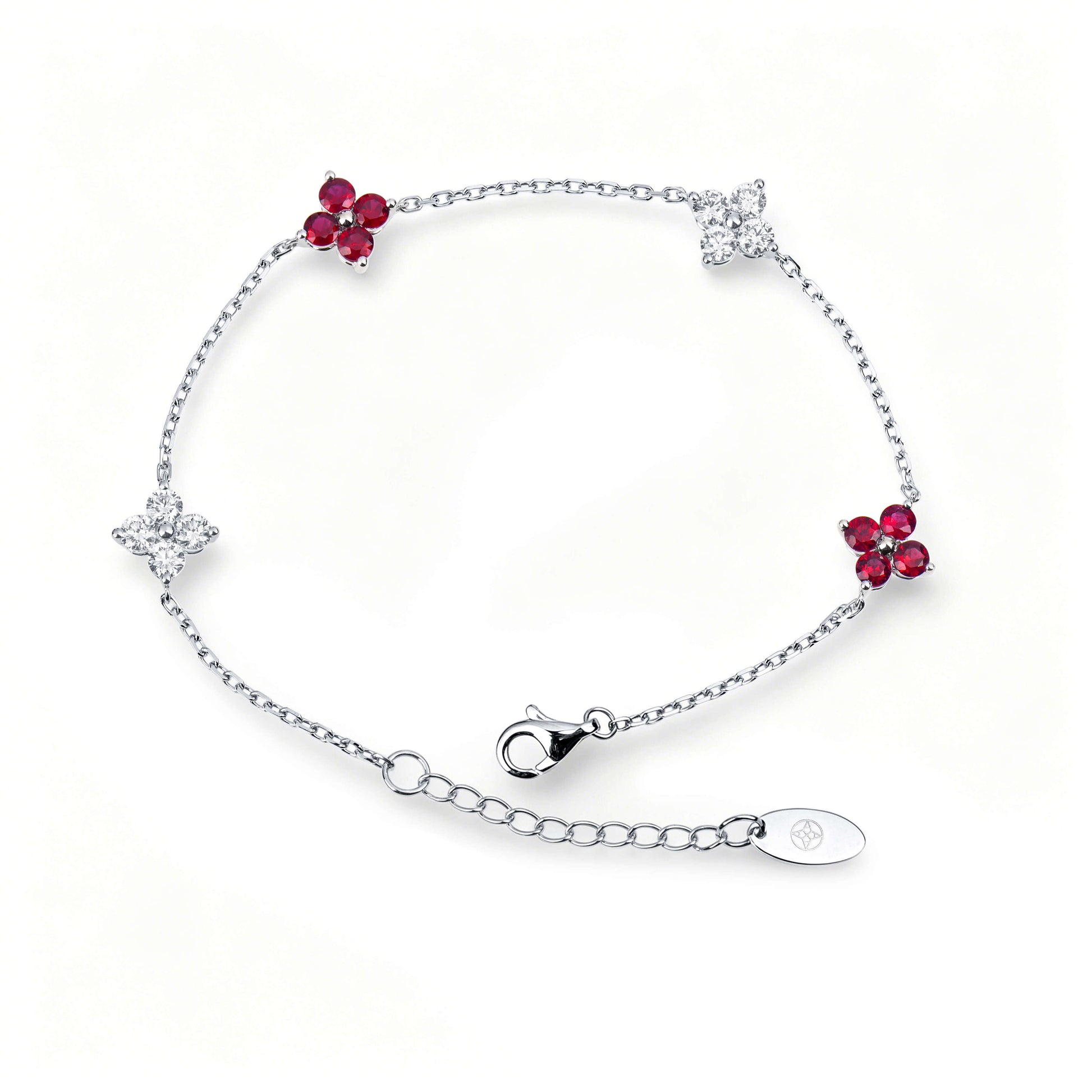 Natural 1.49 Ct. TW Ruby & Diamond Clover Station Bracelet, 14K White Gold