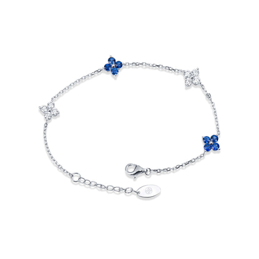 Natural 1.50 Ct. TW Sapphire & Diamond Clover Station Bracelet, 14K White Gold