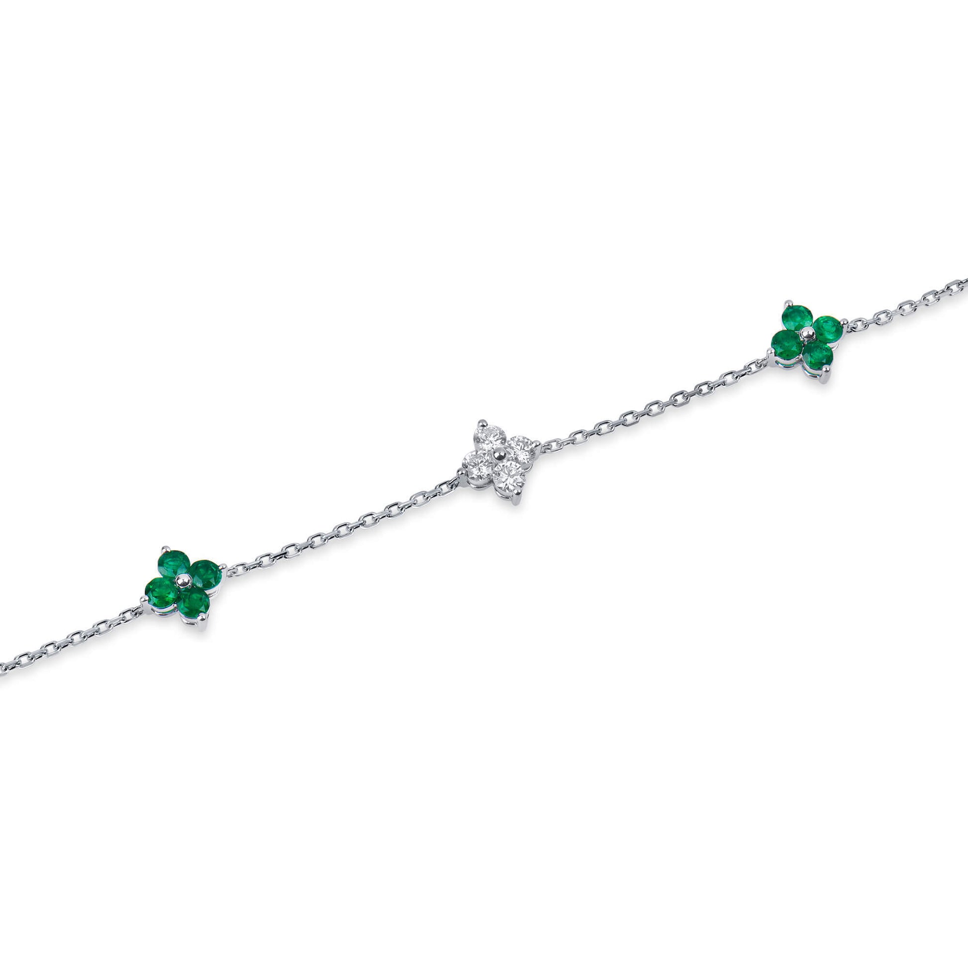 Natural 1.61 Ct. TW Emerald & Diamond Clover Station Bracelet, 14K White Gold