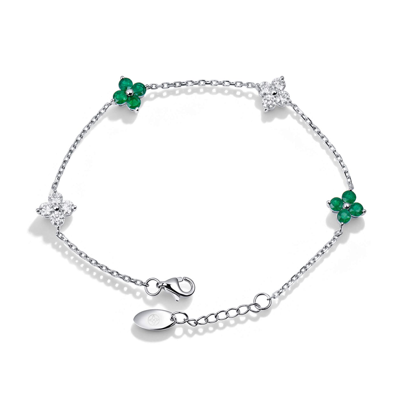 Natural 1.61 Ct. TW Emerald & Diamond Clover Station Bracelet, 14K White Gold
