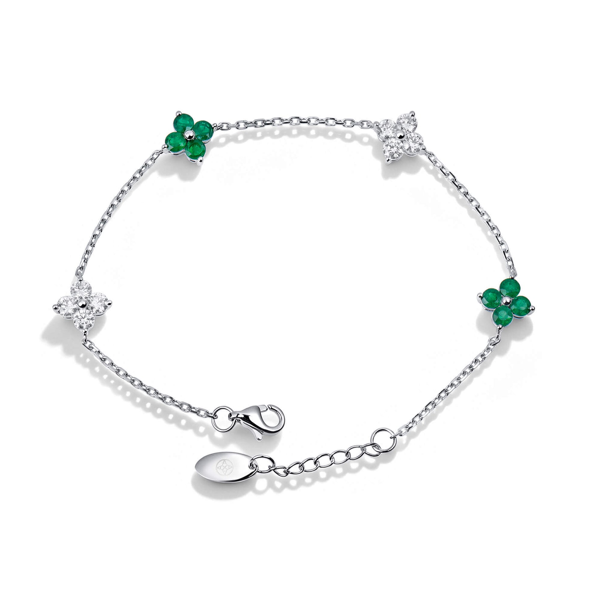 Natural 1.61 Ct. TW Emerald & Diamond Clover Station Bracelet, 14K White Gold