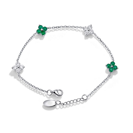 Natural 1.61 Ct. TW Emerald & Diamond Clover Station Bracelet, 14K White Gold