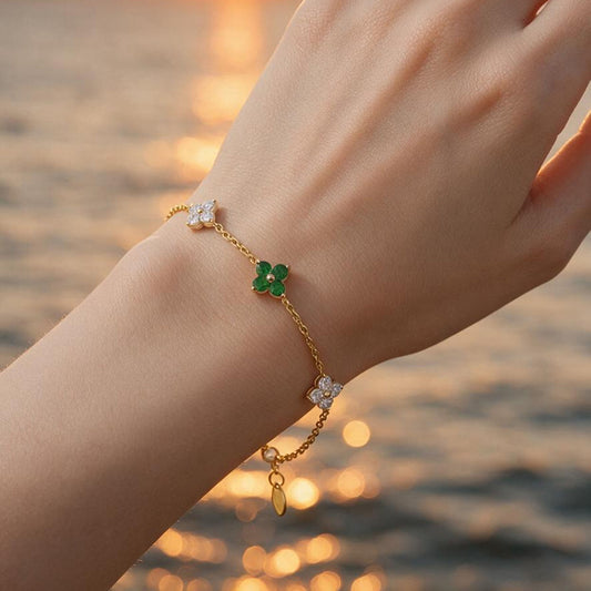 Natural 1.61 Ct. TW Emerald & Diamond Clover Station Bracelet in Yellow Gold , 14K Yellow Gold, 18K Yellow Gold