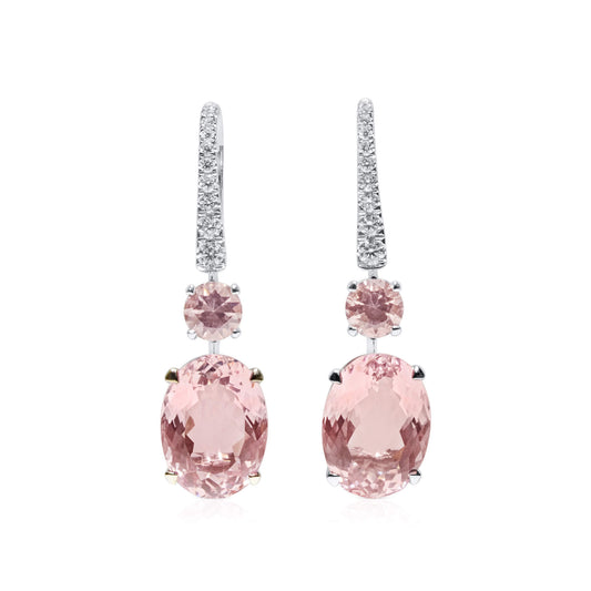 Natural 10.09 Ct. Oval-Cut Morganite & Diamond Drop Earrings, 18K White Gold