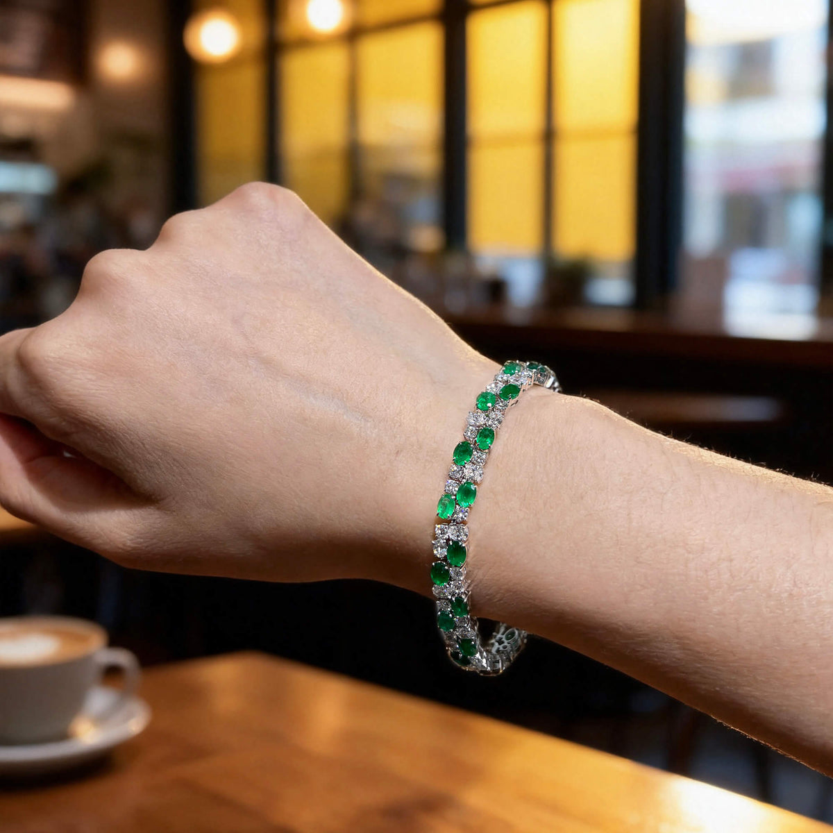 Natural 16.11 Ct. TW Emerald & Diamond Bracelet, 18K White Gold