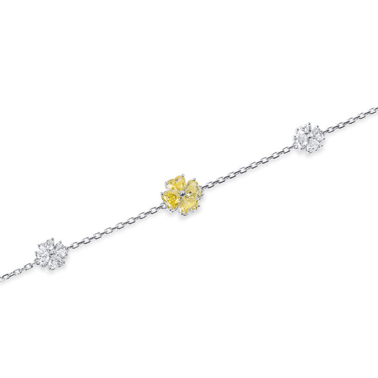 Natural 2.95 Ct. TW Fancy Intense Yellow Heart-Shaped Diamond Clover Station Bracelet, 14K White Gold