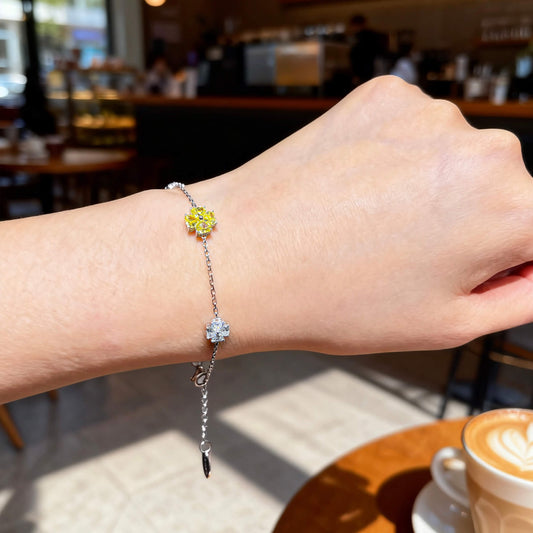 Natural 2.95 Ct. TW Fancy Intense Yellow Heart-Shaped Diamond Clover Station Bracelet, 14K White Gold