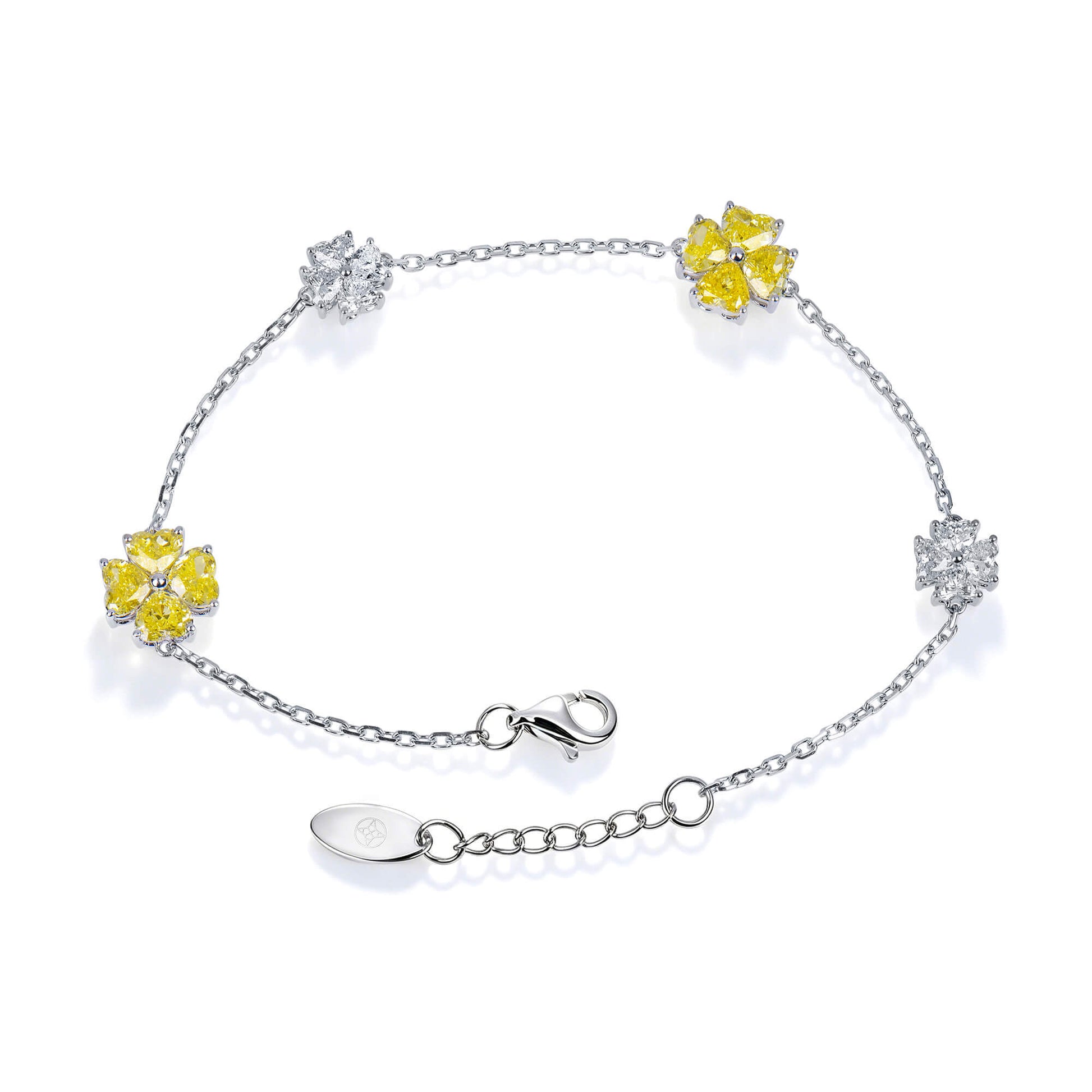 Natural 2.95 Ct. TW Fancy Intense Yellow Heart-Shaped Diamond Clover Station Bracelet, 14K White Gold