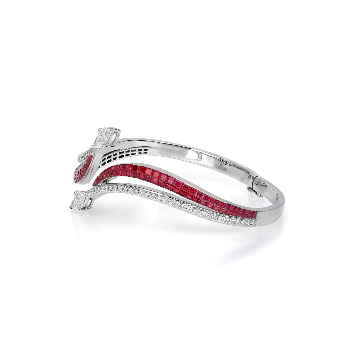 Natural 5.67 Ct. TW Marquise-Cut Diamond & Ruby Bangle Bracelet, 18K White Gold