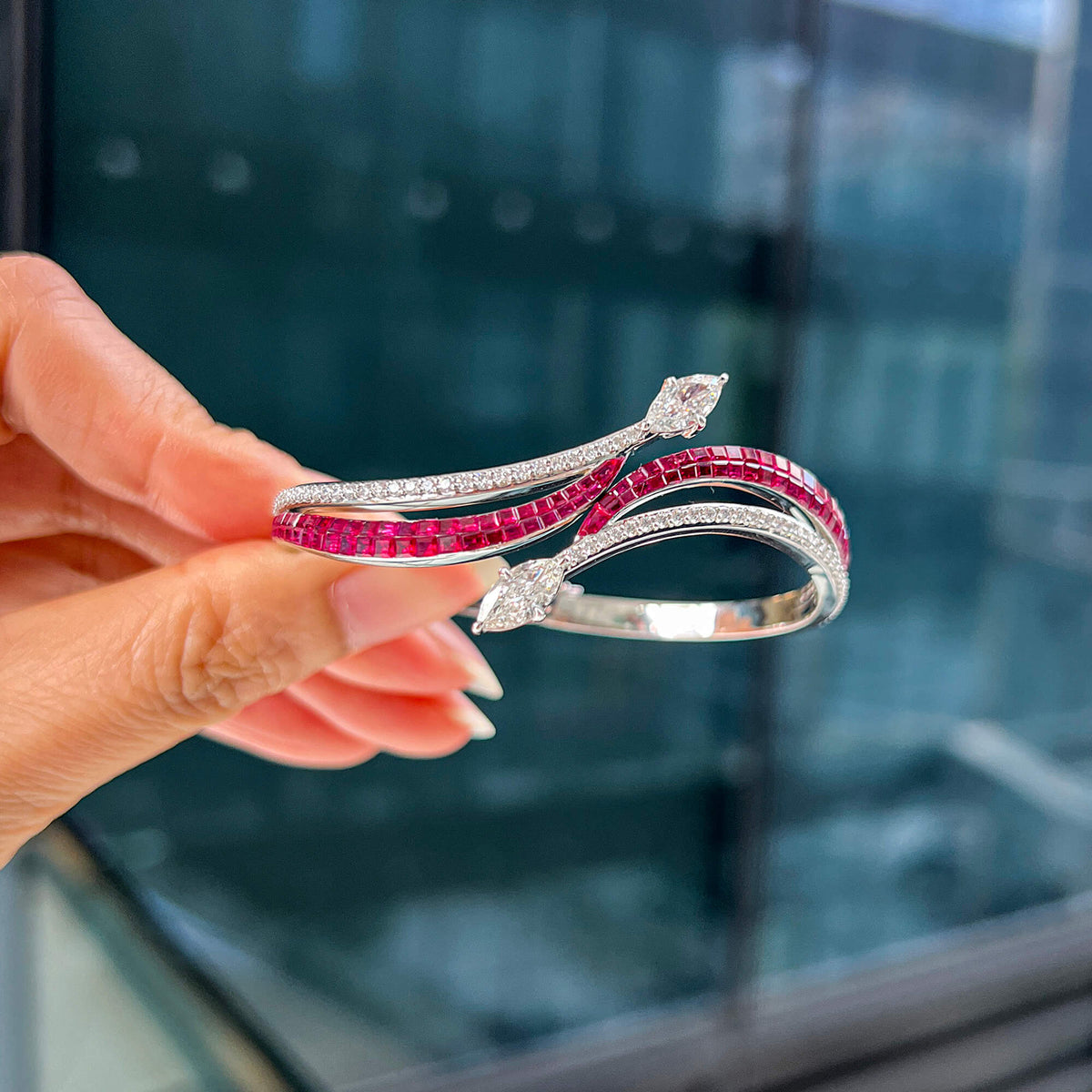 Natural 5.67 Ct. TW Marquise-Cut Diamond & Ruby Bangle Bracelet, 18K White Gold