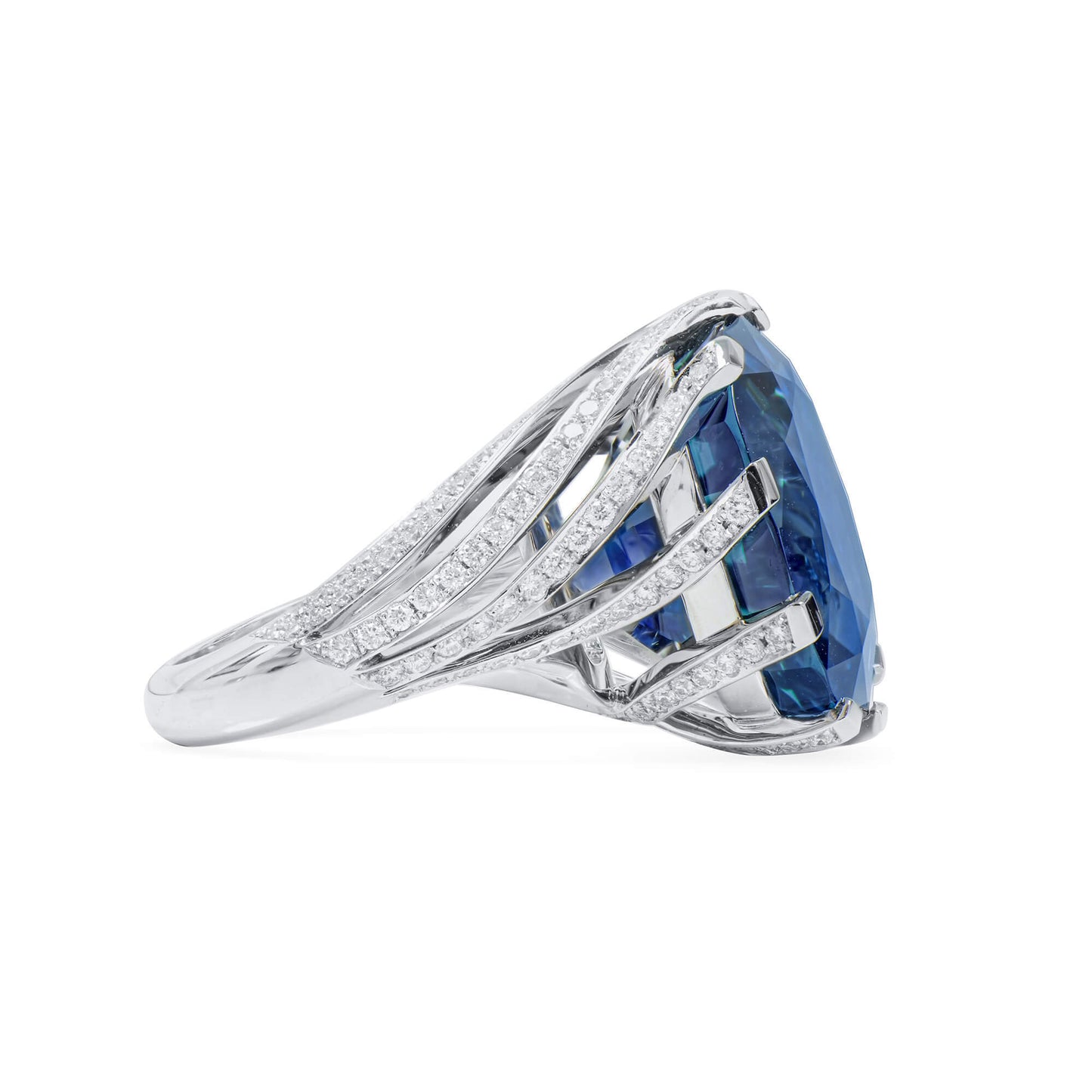 Natural Blue Burma Sapphire Ring, 32.44 Ct. TW, Cushion shape SSEF Certified