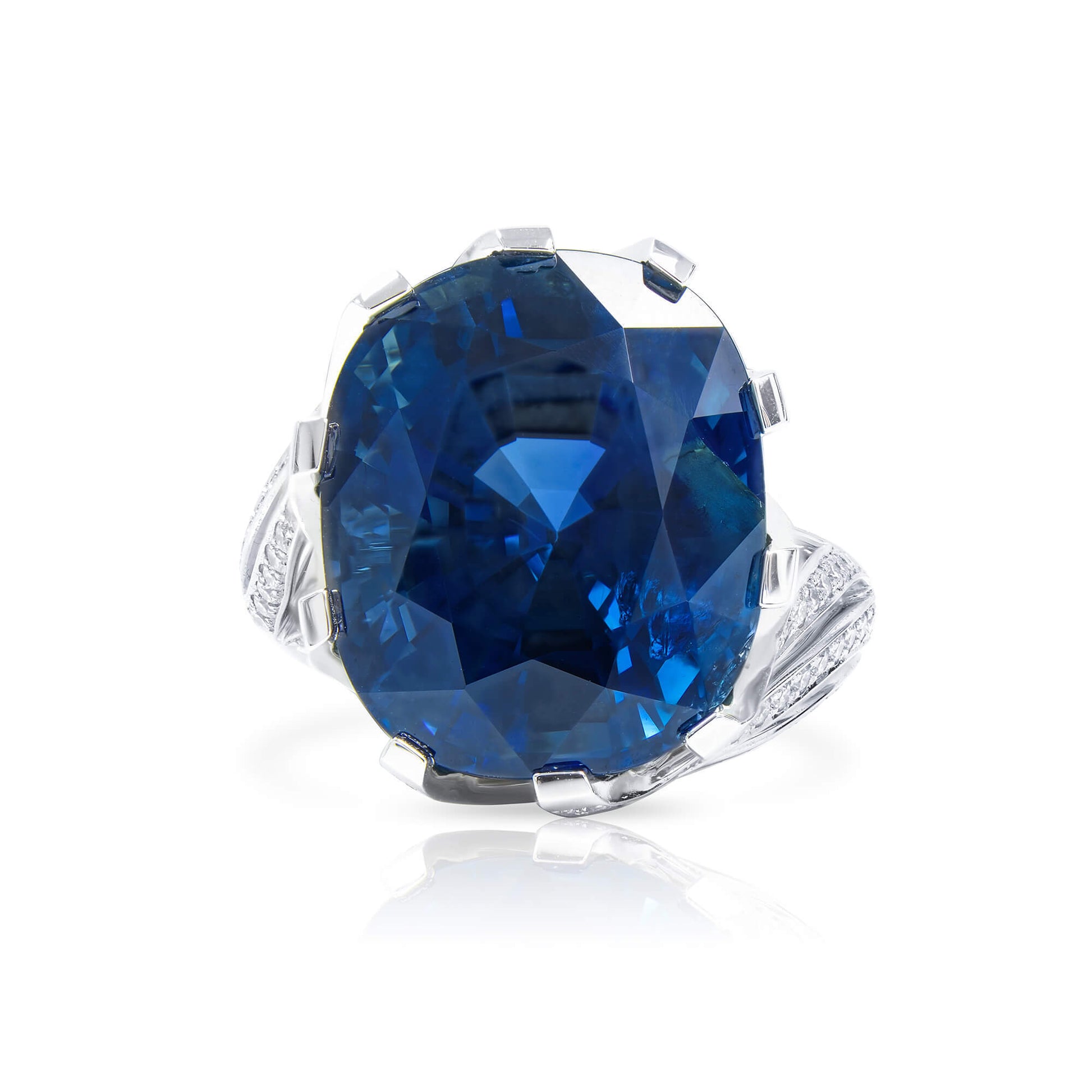 Natural Blue Burma Sapphire Ring, 32.44 Ct. TW, Cushion shape SSEF Certified