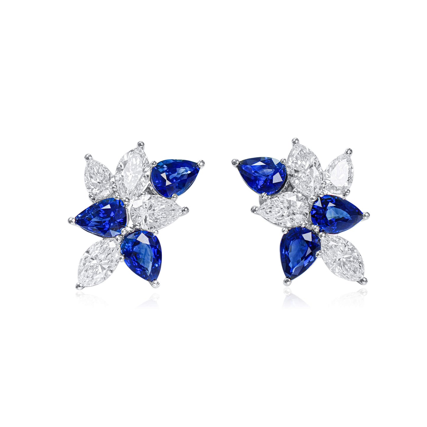Natural Diamond and Blue Sapphire Cluster Earrings, 18K White Gold, Pear Shape, 8.52 Ct. TW