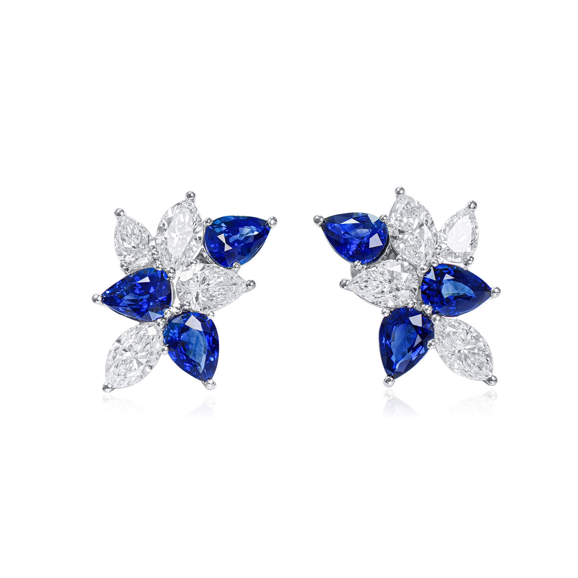 Natural Diamond and Blue Sapphire Cluster Earrings, 18K White Gold, Pear Shape, 8.52 Ct. TW