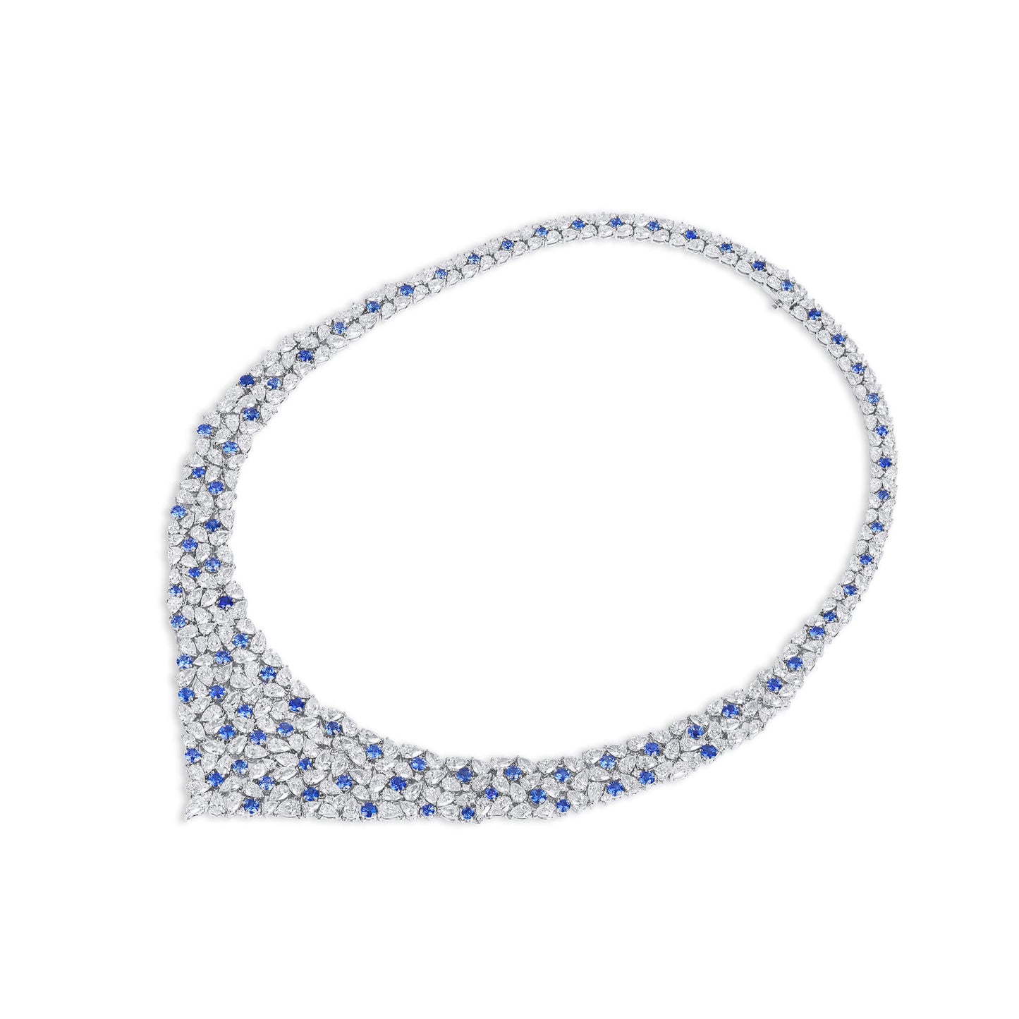 Natural Blue Sapphire Necklace, 18K White Gold, Round Shape, 54.44 Ct. TW