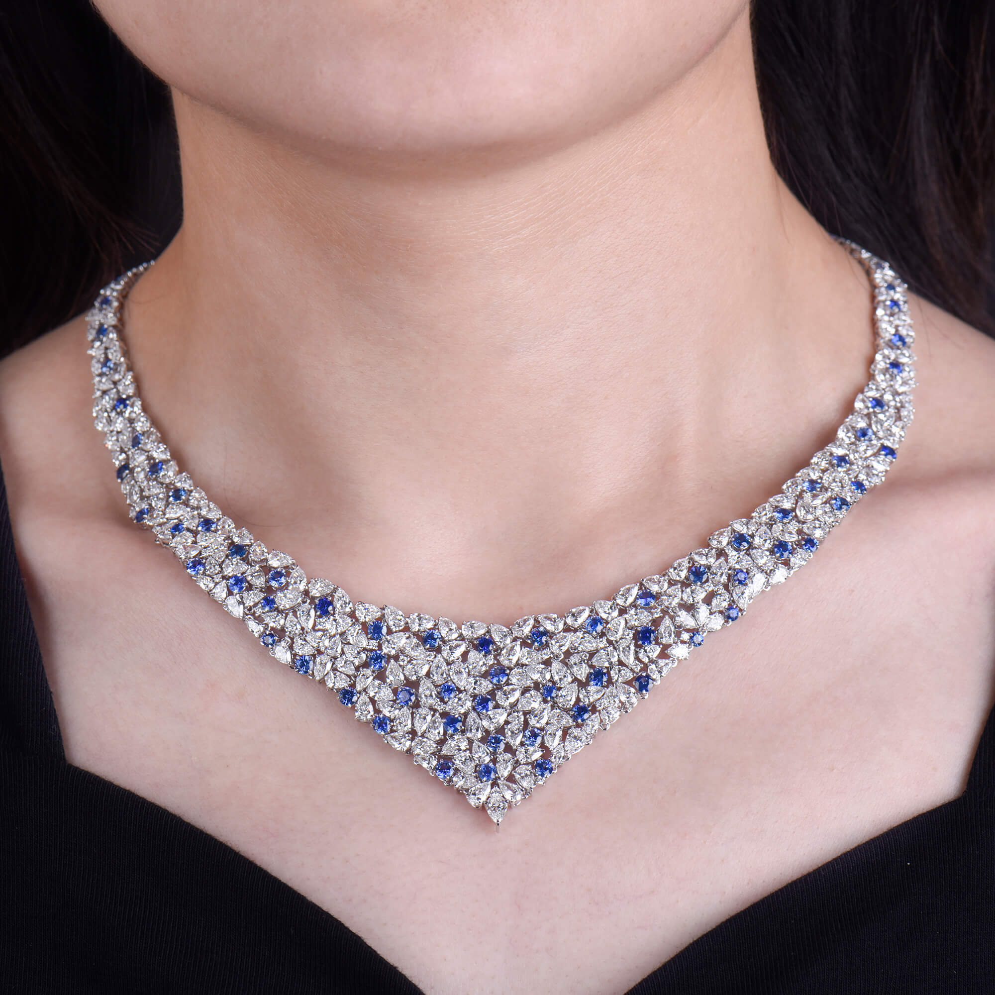 Natural 54.44 Ct. TW Round-Cut Blue Sapphire Necklace, 18K White Natural 54.44 Ct. TW Round-Cut Blue Sapphire Necklace, 18K White