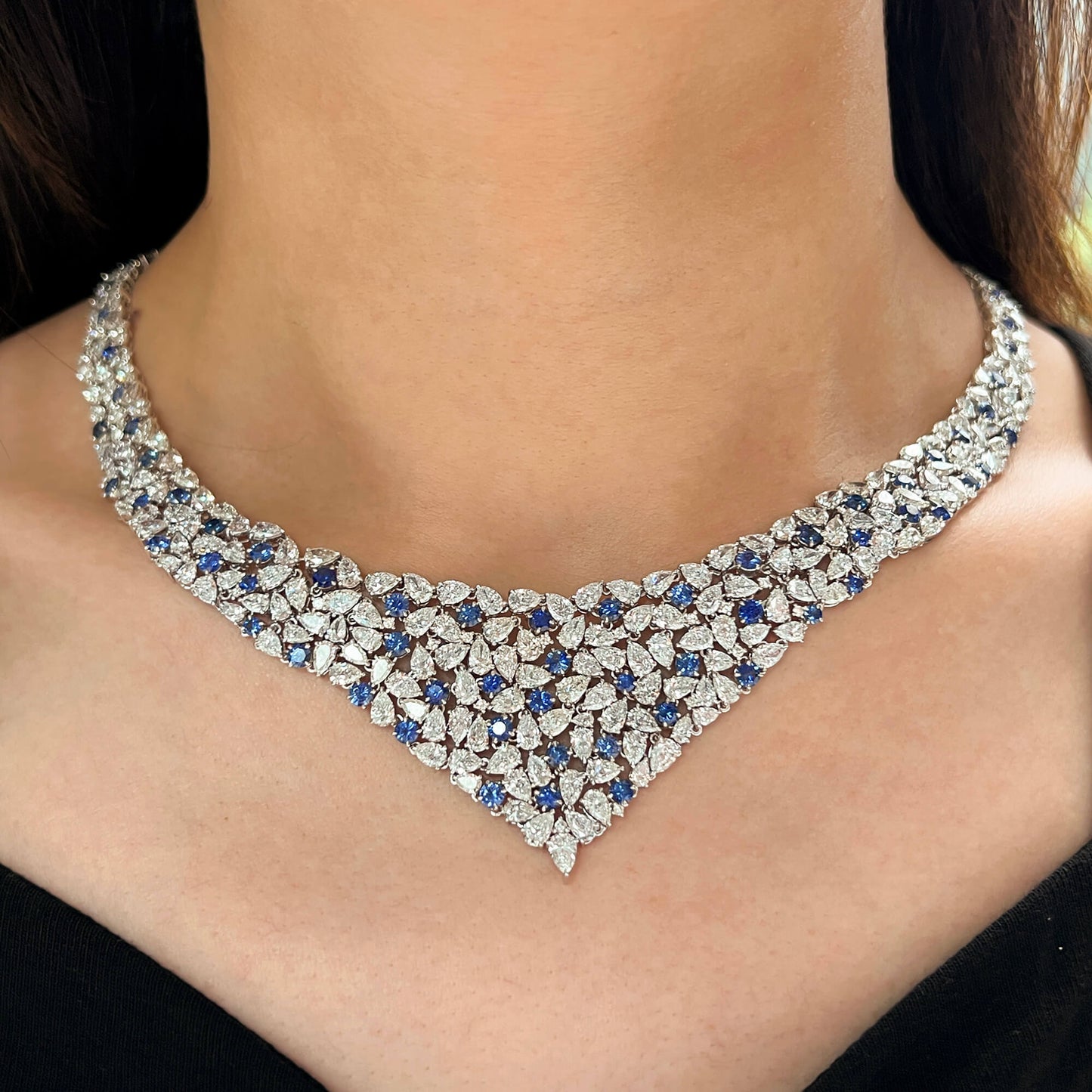 Natural Blue Sapphire Necklace, 18K White Gold, Round Shape, 54.44 Ct. TW