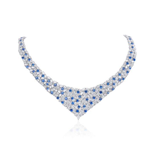 Natural Blue Sapphire Necklace, 18K White Gold, Round Shape, 54.44 Ct. TW