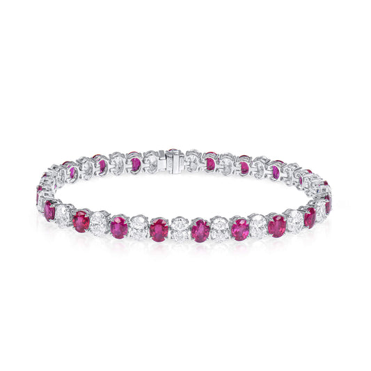 Natural Diamond And Ruby Tennis Bracelet, 18K White Gold, Oval Shape, GIA, 16.45 Ct. TW