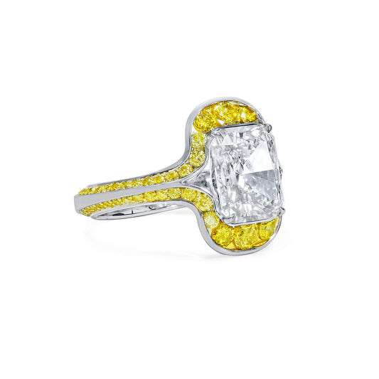 Natural Diamond Ring with Yellow Diamond Halo, 18K White Gold, Radiant Shape, 5.43 Ct. TW