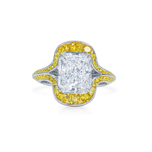 Natural Diamond Ring with Yellow Diamond Halo, 18K White Gold, Radiant Shape, 5.43 Ct. TW