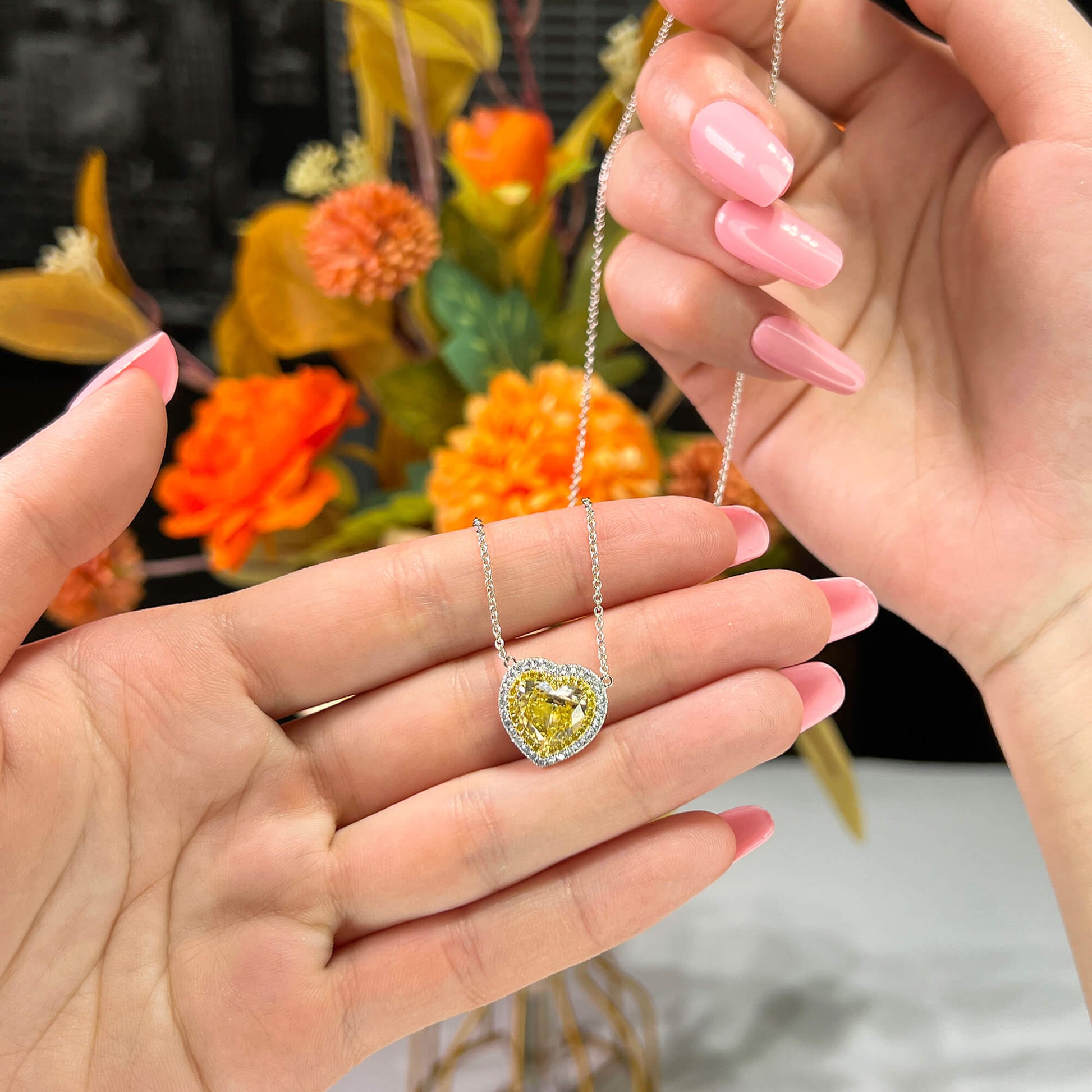 Natural Fancy Deep Yellow Diamond Pendant, 18K White Gold, Heart Shape, 3.91 Ct. TW