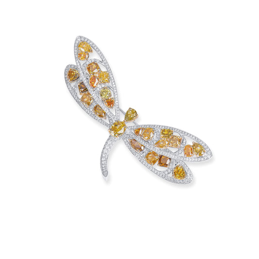Natural Fancy Intense Yellow & White Diamond Dragonfly Brooch, 14K White & Yellow Gold, 4.80 Ct. TW