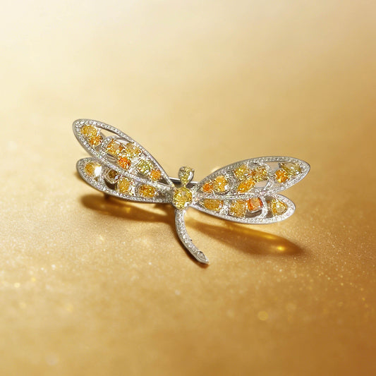 Natural Fancy Intense Yellow & White Diamond Dragonfly Brooch, 14K White & Yellow Gold, 4.80 Ct. TW