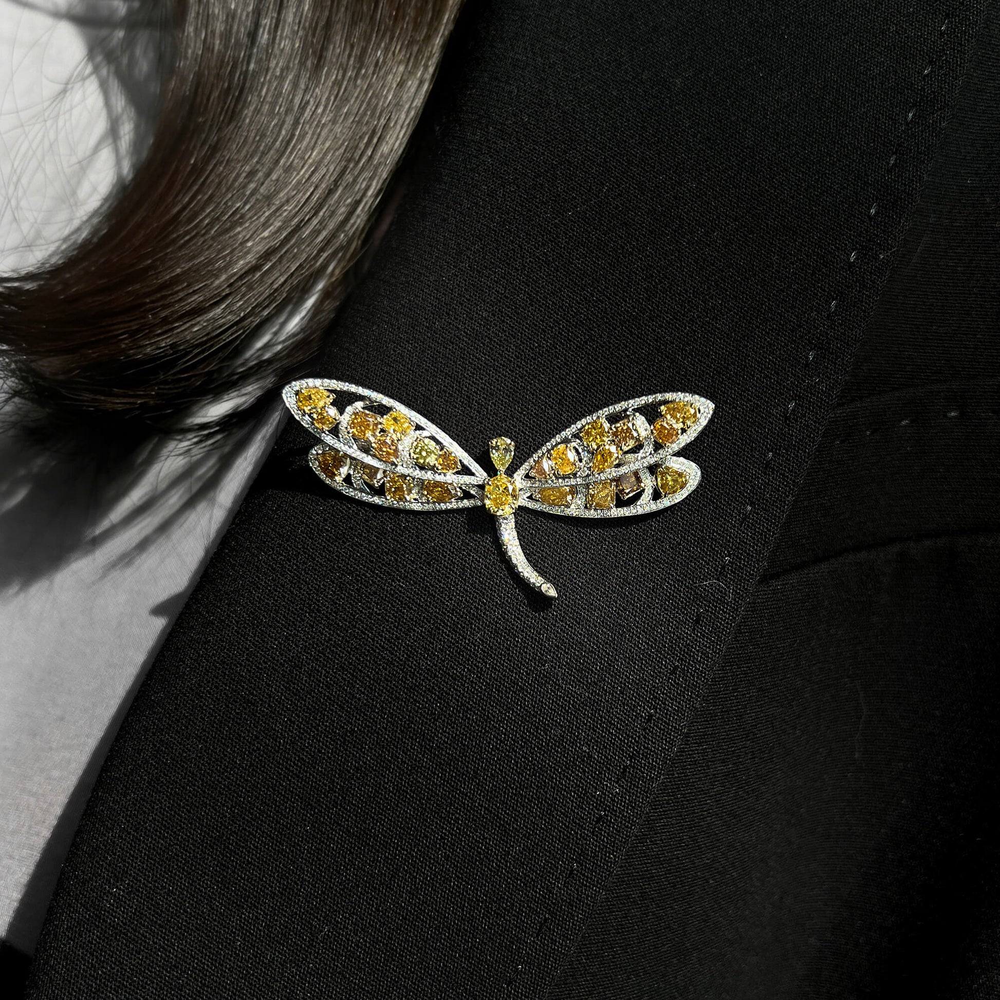 Natural Fancy Intense Yellow & White Diamond Dragonfly Brooch, 14K White & Yellow Gold, 4.80 Ct. TW
