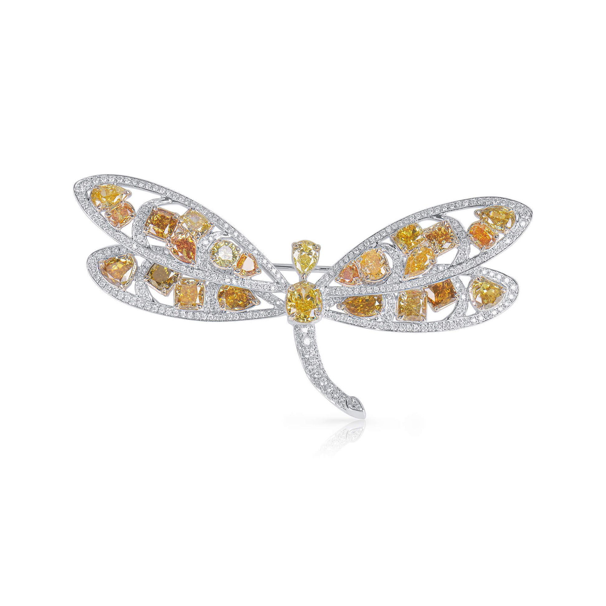 Natural Fancy Intense Yellow & White Diamond Dragonfly Brooch, 14K White & Yellow Gold, 4.80 Ct. TW