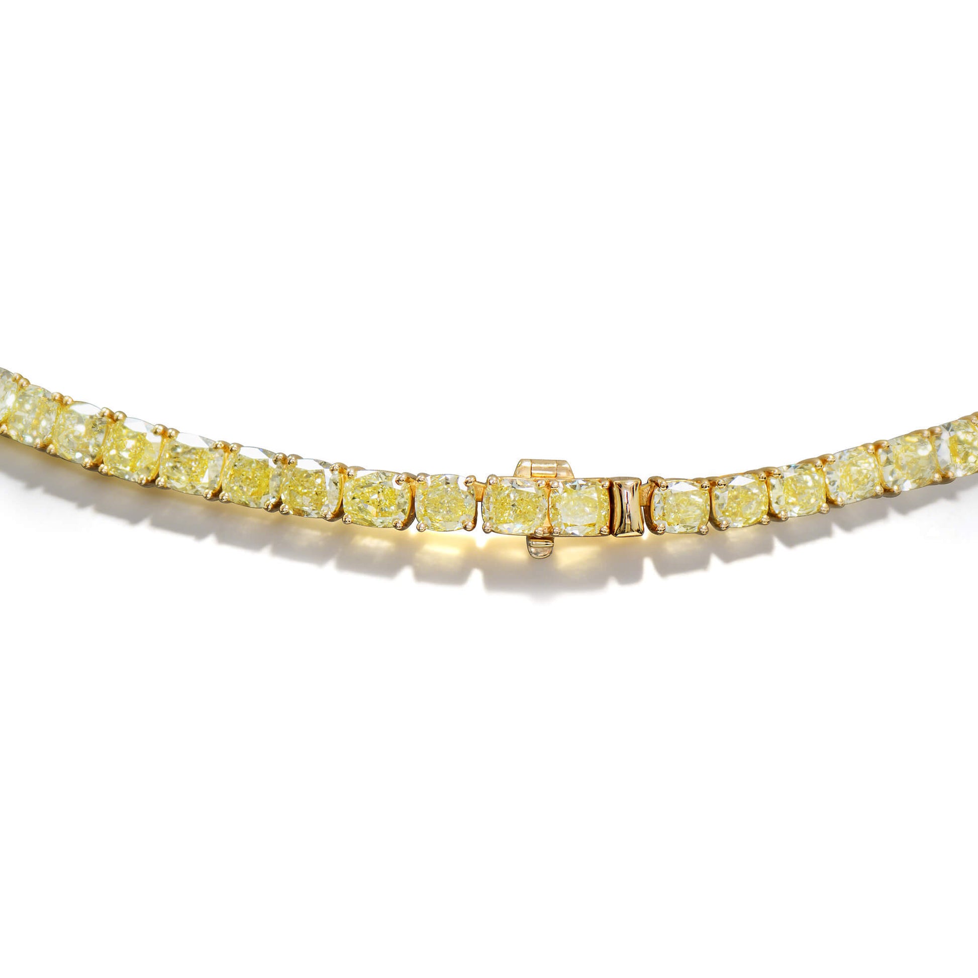 Natural 55.63 Ct. TW Fancy Yellow Cushion-Cut Diamond Tennis Necklace, 18K Yellow Gold